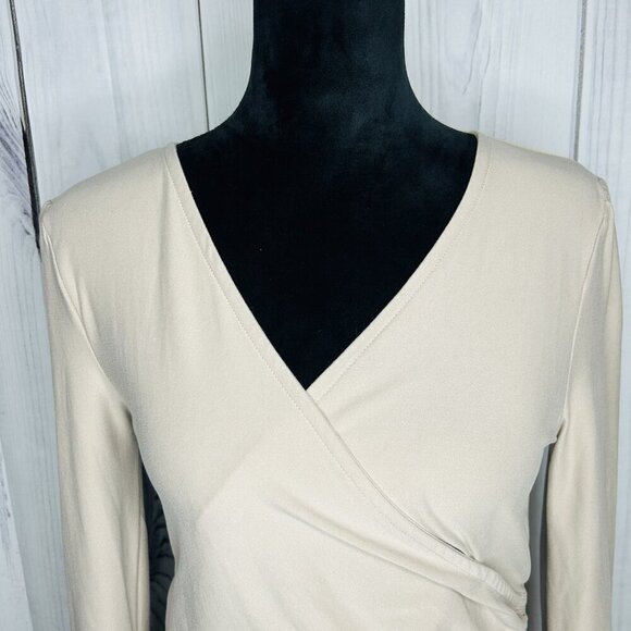 Planet Gold Wrap Front Top Shirt Light Brown Long Sleeve Sz M Scrunch Side - Picture 2 of 8